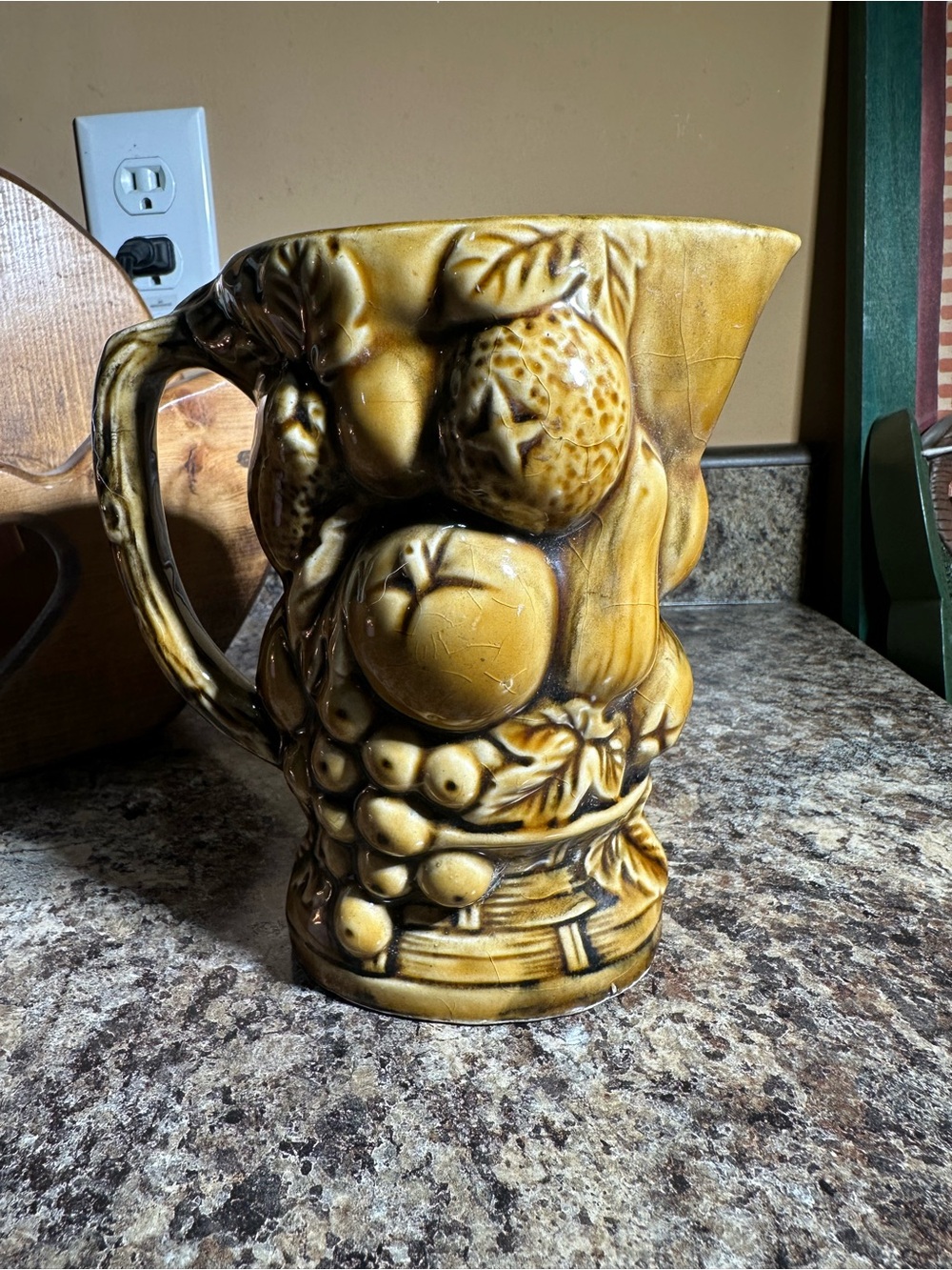 Vintage Fruit Motif Ceramic Pitcher - Yellow Brown
